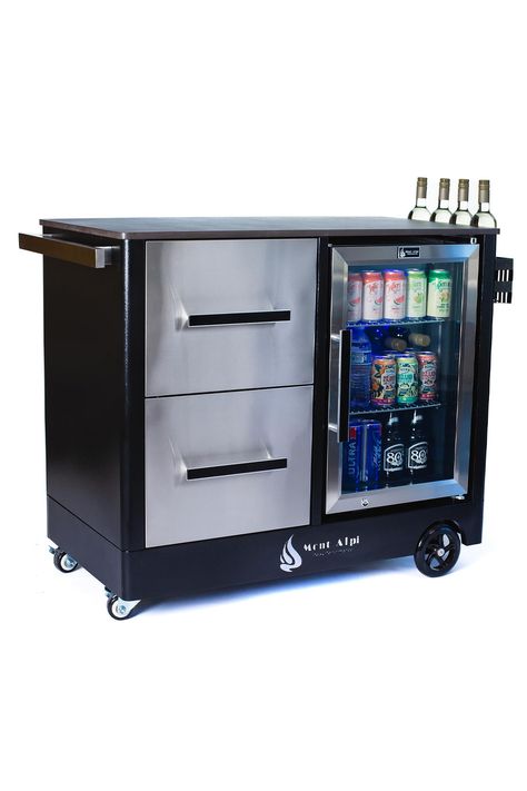 This ultimate outdoor mobile bar cart combines a prep center, serving station, and beverage fridge all rolled into one sleek and luxurious rolling patio island. Outdoor Bar Patio, Porcelain Countertop, Mobile Bar Cart, Serving Station, Outdoor Wood Fireplace, Bar Prep, Pizza Oven Accessories, Stainless Steel Fridge, Beverage Fridge