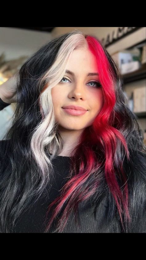 Half Black Half Colored Hair, Burgundy Money Piece Hair On Black Hair, Half And Half Colored Hair, Black Blonde Red Hair, Burgundy And White Hair, Split Hair Ideas, Half Platinum Half Black Hair, Silver Hair Dye Ideas, Brown Hair With Red Money Piece