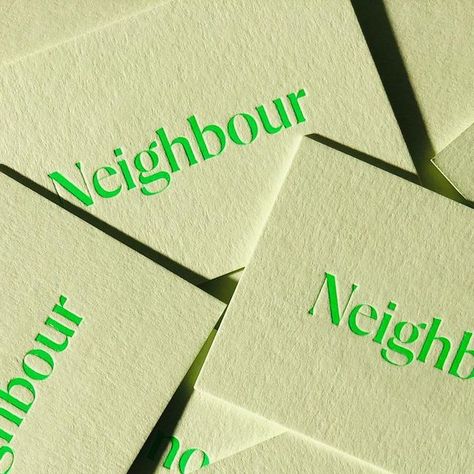 Foilco on Instagram: "Let's start the week with a bang! We are excited to share this bold set of business cards from @madebyparent for @neighbouronsocial. They have chosen our Trance Fluorescent Green (6725) on Colorplan Pistachio for this popping combination. If you would like to know more about our Fluorescent range please email hello@foilco.com or view them all on our foil range at foilco.com #fluorescent #print #businesscards #foil #trance #hotfoil #creative #bold" Bright Green Branding, Bold Business Card, Green Branding Design, Portfolio Photoshoot, Green Branding, Bold Branding, Bold Type, Entrepreneur Branding, Graphics Layout