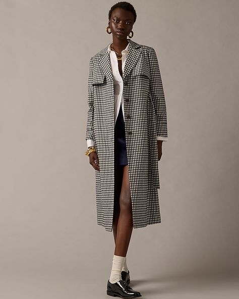 J.Crew: Collection Harriet Trench Coat In English Gingham Wool Blend For Women J Crew Collection, Wool Trench Coat, The Collection, Contrasting Colors, Gingham, Fashion News, Wool Blend, Trench Coat, J Crew