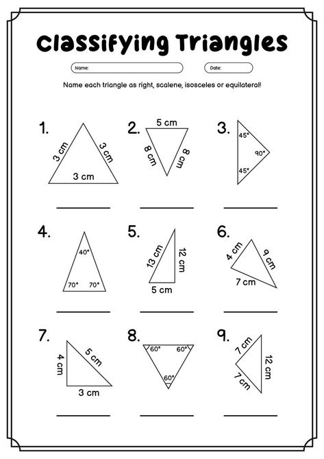 Make sure to properly identify the characteristics of each triangle and angle when completing the worksheet. Challenge yourself to understand the properties of different types of triangles and angles. #GeometryLearning #MathWorksheets #TriangleClassifying #classifyingtrianglesangles Different Types Of Triangles, Types Of Triangles, Quadrilaterals Worksheet, Obtuse Triangle, Classifying Triangles, Similar Triangles, Triangle Angles, Euclidean Geometry, Angles Worksheet