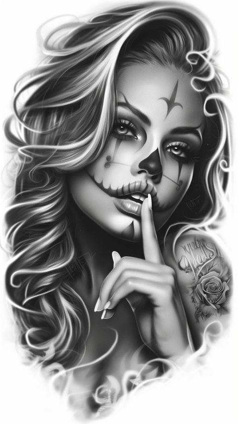 Illusion Tattoo Ideas, Catrina Drawing, Men Cool Tattoo, Women Face Tattoo, Chicano Sleeve, Woman Face Tattoo, Tattoos Painting, Payasa Tattoo, Portrait Tattoo Design