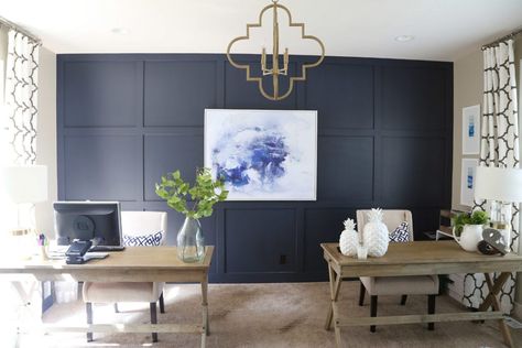 An office with two desks, a blue/gray wall behind the desks with abstract art on the wall. Wall Office Ideas, Hale Navy Accent Wall, Accent Wall Office Ideas, Bm Hale Navy, Accent Wall Office, Navy Accent Wall, Painted Accent Wall, Benjamin Moore Hale Navy, Navy Paint Colors