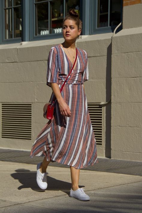 nyc summer outfits wrap dress sneakers Nyc Summer Outfits, Adolf Dassler, Shoe Maker, Dress And Sneakers Outfit, Dress Sneakers, Nyc Summer, Perfect Summer Outfit, Comfy Dresses, Street Style Summer