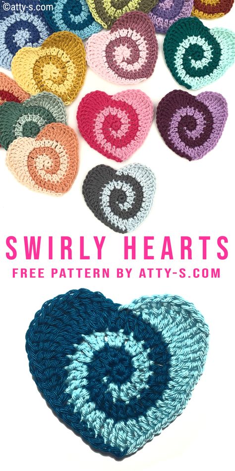 Swirly Hearts by atty-s.com Uncinetto Zig Zag, Crocheted Hearts, Crochet Heart Pattern, Valentines Crochet, Crochet Heart, Crochet Applique, Diy Crochet Projects, Crochet Squares, Crochet Coasters