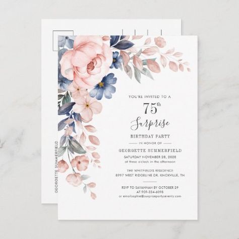 $1.95 | Floral 75th Surprise Birthday Party Botanical - 75th birthday party invite, floral, 75 years old, bday, any age, botanical, modern, elegant, watercolor, 21 40 50 60 years 75th Birthday Invitations, Botanical Invitation, 75th Birthday Parties, Surprise Birthday Invitations, Surprise Birthday Party, Mom Party, Birthday Party Invite, 75th Birthday, Elegant Watercolor