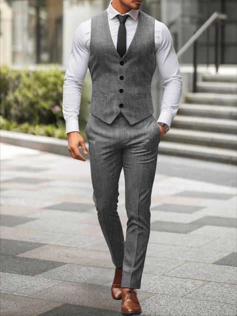 Grey Work Collar   Colorblock,Plain  Embellished Non-Stretch  Men Clothing Mens Vests Wedding, Pant Coats For Mens, Men Suits Formal, Men’s Wedding Guest Outfit Gray, Men Simple Wedding Outfit, Mens Work Attire, Mens Classy Casual Outfits, Mens Clothing Formal, Men’s Wedding Outfits