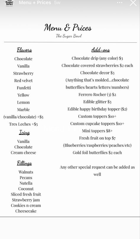 Cake Pop Menu Ideas, Home Bakery Menu Template, Small Bakery Menu Ideas, Sheet Cake Pricing Chart, Prices For Chocolate Covered Strawberries, Cupcake Menu Design, Cupcake Pricing Chart, Small Baking Business Ideas, Cake Menu Design Ideas