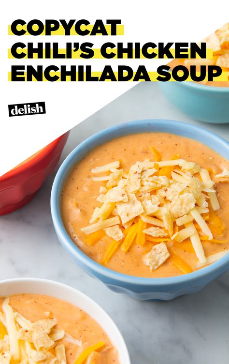 Recreate this Chili's fave at home! #chilis #copycatrecipes #chicken #chickenenchilada #soup #souprecipes #delish Chilis Enchilada Soup, Chili's Chicken Enchilada Soup, Chicken Enchilada Soup Recipes, Enchilada Soup Recipe, Soup Chicken, Tomato Broth, Chicken Enchilada Soup, Enchilada Soup, Chicken Enchilada