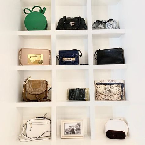 Purse Organization Wall Shelf, Purse Shelves Display On Wall, Closet Rebuild, Designer Handbag Storage, Closet Conversion, Store Purses, Ensuite Ideas, Purse Display, Era Aesthetic