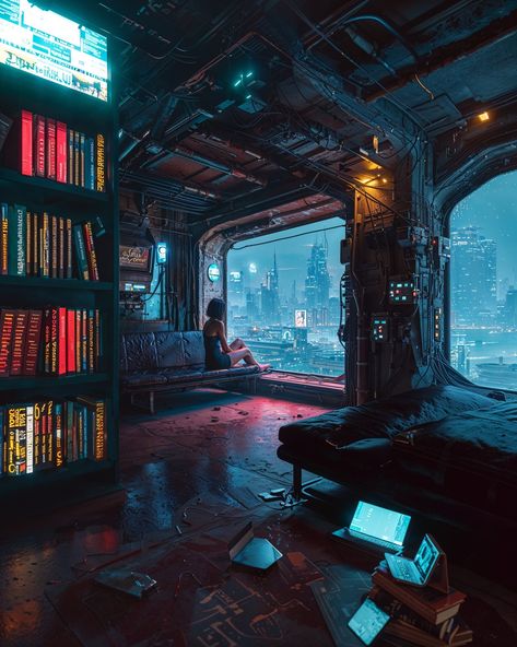 Sci Fi Library, Cyberpunk Library, Futuristic Library, Cyberpunk House, Cyberpunk Interior, Cyberpunk Room, Cyberpunk World, What Once Was, Sci Fi Landscape