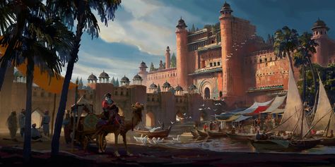 ArtStation - Desert City, Liu Qing Old Oil Paintings, Desert City, Fantasy Map Making, Gardens Of Babylon, Sci Fi Environment, Location Inspiration, Ancient Forest, Scene Art, Fantasy City