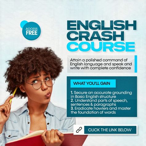 A simple flyer for an English crash course Crash Course Poster, Checklist Social Media Post, English Course Design, Masterclass Flyer Design, English Course Poster Design, Online Course Poster, Online Classes Poster, Course Flyer Design, Masterclass Flyer