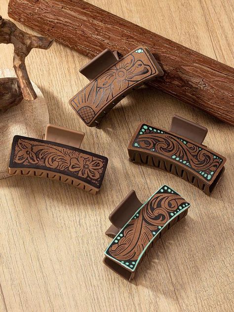 1 Pc PU Leather Western Native Print Hair Claw , Hair Clip Accessories Gift Holiday Present For Girlfriend Mother Boho | SHEIN USA Rodeo Awards, Cowgirl Hairstyles, Western Hair, Custom Leather Work, Hair Clip Accessories, Present For Girlfriend, Native Print, Western Crafts, Claw Hair Clip