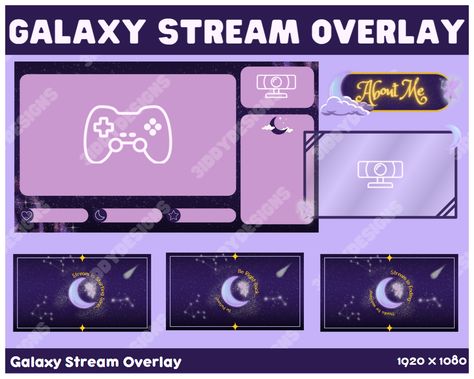 Galaxy theme stream overlay pack, includes three waiting screens (Starting, Brb, Ending) and 24 Panels for your chanel. CA$9.99! Overlays Twitch, Streaming Overlay, Twitch Panels, Galaxy Theme, Stream Overlay, Be Right Back, Digital Drawing, Drawing Illustrations, Screen