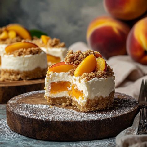 Delicious mini peach cobbler cheesecakes with creamy filling and sweet peach topping. Perfect for any occasion, easy to make. Cute Peach Desserts, Bourbon Peach Cheesecake, Peach Cobbler Bites, Cobbler Bites, Peach Topping, Mini Peach Cobbler, Luxury Desserts, Burnt Cheesecake, Fine Dining Desserts