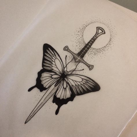 Butterfly And Swords Tattoo, Butterfly And Dagger Tattoo, Butterfly With Knife Tattoo, Dagger Butterfly Tattoo, Butterfly Dagger Tattoo, Tattoo Main, Tato Henna, Dope Tattoos For Women, Stylist Tattoos