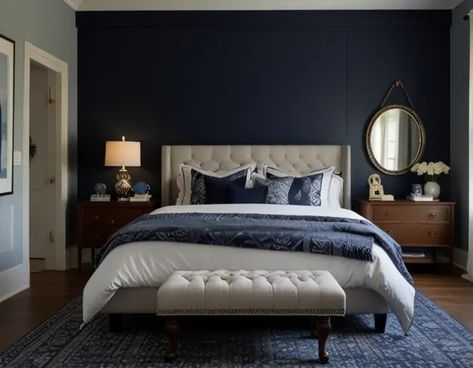 12 Navy Blue Bedroom Ideas for a Stylish Sleep - Nekig Grey Navy Blue Bedroom, Navy Grey White Bedroom, Navy And Grey Bedroom, Navy And White Bedroom, Redoing Bedroom, Ivory Bedroom, Navy Blue Bedroom Ideas, Blue And Cream Bedroom, Cream Bedroom Ideas