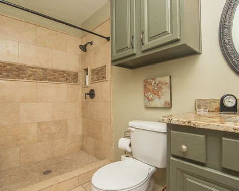 Green Bathroom With Brown Tile, Olive Colored Bathroom, Bathroom Wall Color With Brown Tile, Light Brown Shower Tile, Sage Green And Tan Bathroom, Sage And Tan Bathroom, Tan Bathroom Tile Color Palettes, Green And Brown Bathroom Ideas, Brown And Green Bathroom