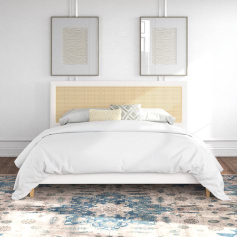 Beachcrest Home Malinda Haley Upholstered Cane-Back Bed & Reviews | Wayfair Coastal King Bed, Coastal Bed Frame, Beach House Bedding, Coastal Bed, Platform Bed King, White Platform Bed, Platform Bed Designs, Frames Ideas, Bedroom Redesign