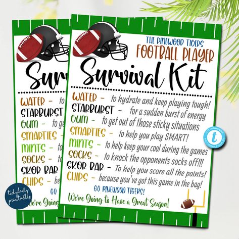 "EDITABLE Football Player Survival Kit! ** All Text is editable so you can make it read what you wish!  You can also change text colors to reflect those of your team as well as upload your own team mascot/logo! You can personalize as many football player survival kit printable cards as you need! These printable survival kit cards/tags are great for team gifts! TEMPLATE FORMATTED SIZES: size of individual card is 3.25\" x 4.5\" - 4 print per sheet Full Editing Options With Templett.com TRY BEFORE Ideas For Football Players Gift, Homecoming Goodie Bags For Football, Football Team Pregame Meal, Gifts For Football Players Game Day, Gifts For Football Team, Football Favors For Players, Diy Senior Night Gifts, Football Treats For Players High Schools, Football Team Mom Gift Ideas