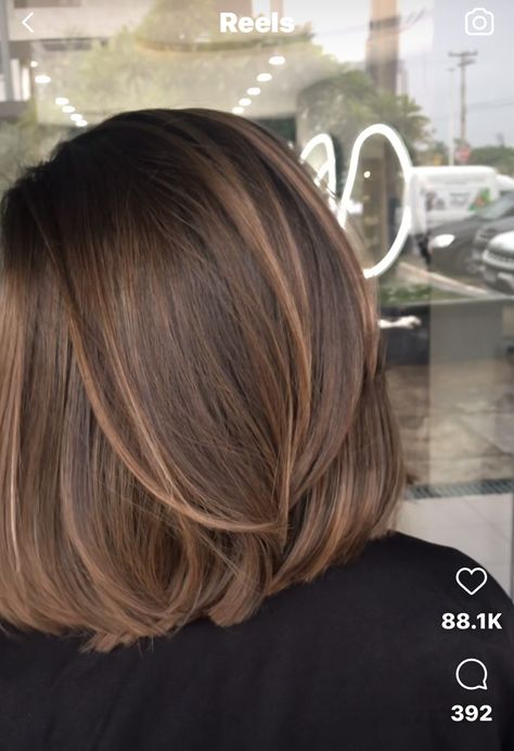 Highlights Brown Hair Balayage Straight, Chestnut Brown Hair Bob, Chestnut Bob Hair, Short Highlighted Hair Brown, Chestnut Brown Hair Short, Short Hair Caramel Balayage, Brunette Short Hair With Highlights, Shoulder Length Brown Hair With Blonde Highlights, Short Hair Caramel Highlights