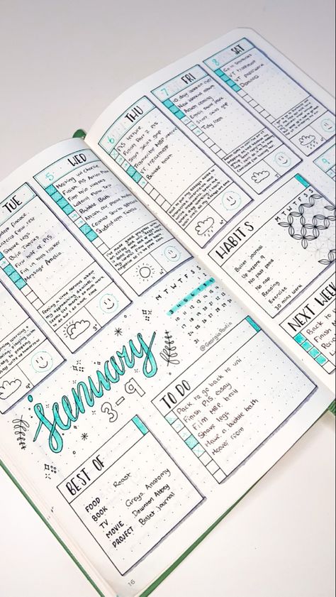 Blue themed journal notebook design with calligraphy drawings to help you track your life Bujo Weekly Tracker, Habit Mood Tracker, Week Bujo Layout, Bujo Inspiration Mood Tracker, Bujo Tracker Ideas Weekly, Bujo Page Inspiration, Bujo Life Tracker, Bujo Weather Tracker Ideas, Weekly Tracker Bullet Journal