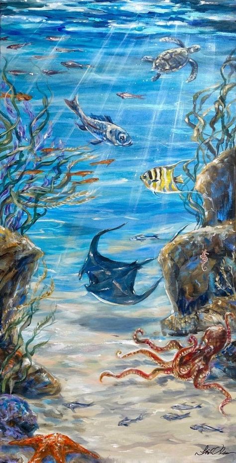 Under The Ocean Drawing, Ocean Creatures Painting, Under Ocean Painting, Under Sea Painting, Under The Ocean Painting, Ocean Drawing Underwater, Ocean Life Drawings, Undersea Drawing, Sea Creatures Painting