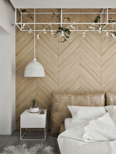 Headboard wall features wooden chevron panelling Modern Loft Interior, Design Interior Modern, Wooden Accent Wall, Feature Wall Bedroom, Contemporary Loft, Loft Interior Design, Headboard Wall, Wood Accent Wall, Loft Interiors