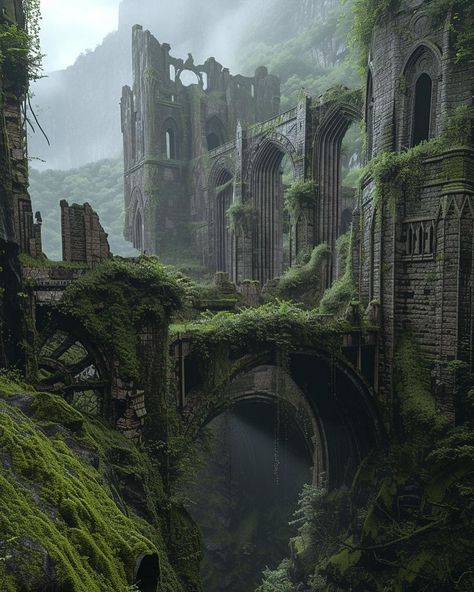 Ludenthran castle ruins. | Instagram Ruined Kingdom Aesthetic, Fantasy Ruined Castle, Dark Fantasy Landscape Ruins, Castle Ruins Fantasy Art, Ruined Castle Fantasy Concept Art, Abandoned Castle Fantasy Art, Castle Ruins Aesthetic, Ancient Ruins Aesthetic, Fantasy Castle Ruins