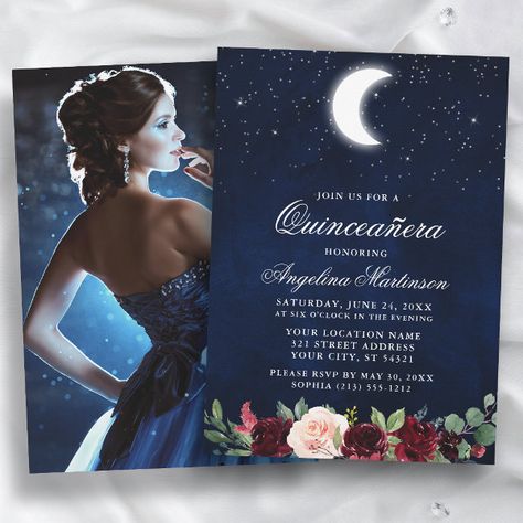 Celestial Moon Stars Floral Photo Quinceanera Invitation A Night Under The Stars Invitation, Starry Night Quinceanera Invitations, Navy Blue And Silver Invitations, Stary Night Quince, Star Quinceanera Theme, Celestial Quinceanera, Midnight Blue Quinceanera Theme, Starry Night Invitation, Under The Stars Quinceanera Theme