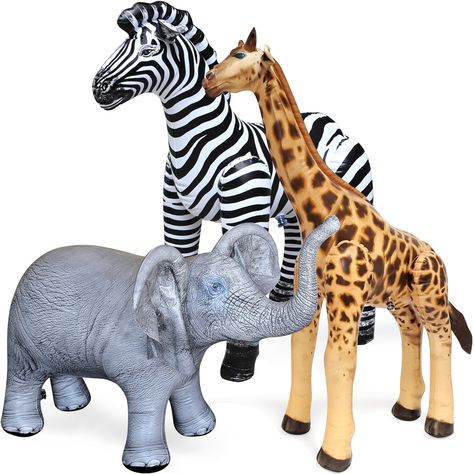 PRICES MAY VARY. 3 ANIMALS Giraffe 36"Tall, Zebra 32"Tall, Elephant 36"Long; Realistic Toy Figures ROBUST CONSTRUCTION Meet or Exceed CPSIA and ASTM Standards; for anyone 3 year+ VERSATILE USE Safari-themed party decoration; interactive classroom; photo prop SIMPLE SETUP & STORAGE Easy to inflate and just as easy to deflate for storage JET CREATIONS Igniting Imagination for 50+ years; Designed in Virginia Inflatable Safari Animals, 2nd Birthday Jungle Theme, Jungle Theme Birthday Party Backdrop, Wild And 3 Birthday Party Boy, Safari One Year Old Birthday, Party Animal Birthday Theme Decoration, Giraffe Baby Shower Theme Boy, Two Wild Birthday Party Boy, Safari Table Decorations