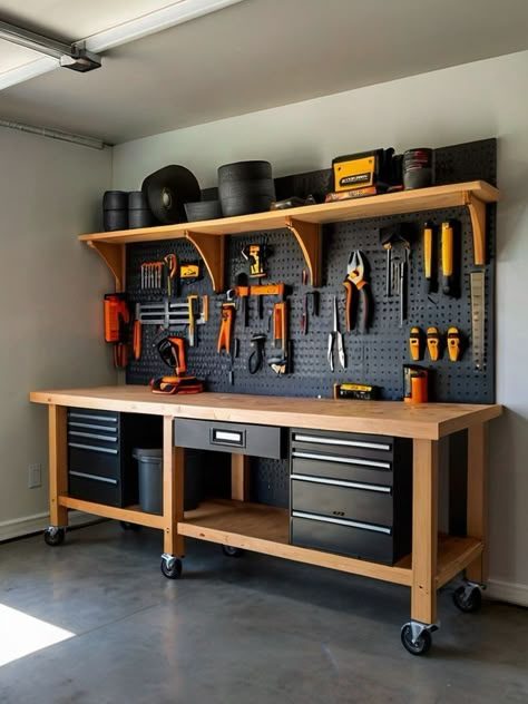 Workbench Tool Organization, Small Garage Workshop Ideas, Garage Workspace Ideas, How To Organize Tools In Garage, Garage Update Interior, Garage Studio Ideas, Garage Set Up Ideas, Garage Work Bench Ideas, Garage Accent Wall