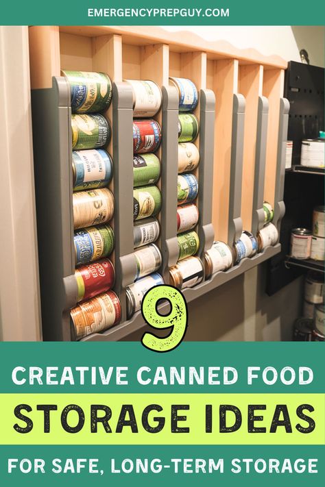 A wall-mounted organizer displays various canned foods, showcasing creative canned food storage ideas for safe and long-term storage solutions. Can Food Storage Ideas, Soup Can Storage, Can Goods Storage Ideas, Basement Food Storage Ideas, Can Storage Pantry, Canned Goods Organization, Can Good Storage Ideas, Canned Food Storage Ideas, Canned Goods Storage