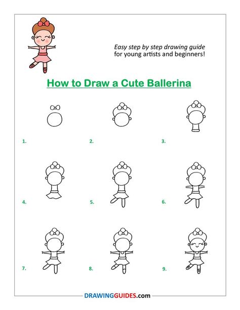 Ballerina Cartoon, Cute Ballerina, Easy Step By Step Drawing, Drawing Guide, Step Drawing, Guided Drawing, Learn How To Draw, Step By Step Drawing, Learn To Draw