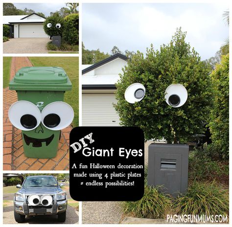 DIY Giant Googly Eyes!! Perfect for Halloween and so EASY to make!!  We have the whole street making them!! Creepy Eyes Halloween Decor, Diy Halloween Bush Eyes, Eyes In Bushes Halloween, Diy Google Eyes, Monster Bushes Halloween, Diy Monster House, Bush Monster, Yard Pranks, Giant Googly Eyes