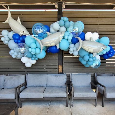 Themed Pool Party, Shark Themed Birthday, Birthday Balloon Garland, Whale Birthday, Shark Themed Party, Ocean Theme Birthday, Ocean Birthday Party, Shark Themed Birthday Party, Boys 1st Birthday Party Ideas