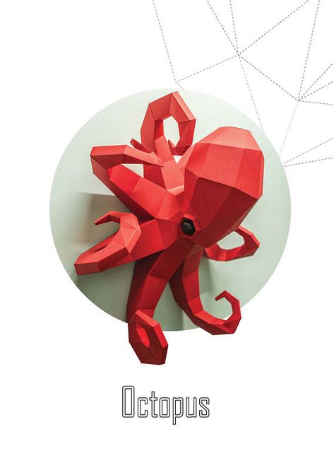 Sculpture Diy, Red Octopus, Papercraft Templates, 3d Paper Crafts, 3d Paper, Paper Sculpture, Halloween Party Decor, Diy Wall, Low Poly