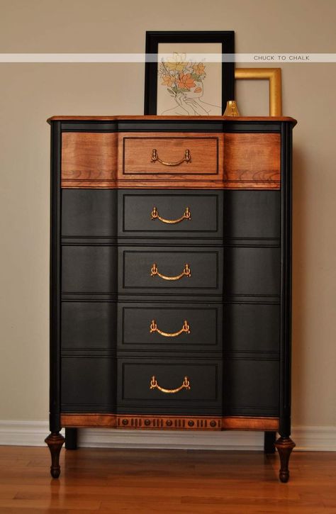 Chest Of Drawers Into Bookcase, Black Furniture Paint Color, Diy Bedroom Makeover On A Budget, Painted Bedroom Furniture Ideas Colour, Dresser Flips Before After, Bedroom Furniture Makeover Ideas, Dipped Dresser, Refinish Dresser, Floating Nightstand Ideas