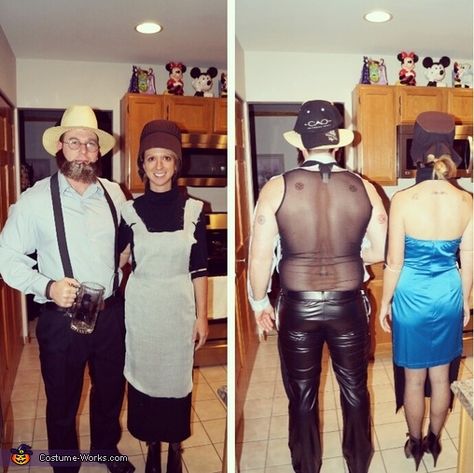 Amish Gone Wild Couple's Costume - Halloween Costume Contest Amish Halloween Costume, Plus Size Halloween Costumes Couples, Amish Costume, Bff Costumes, Couple's Costume, Cool Couple Halloween Costumes, Halloween Sfx, Halloween Costumes 2014, Black Faux Leather Pants