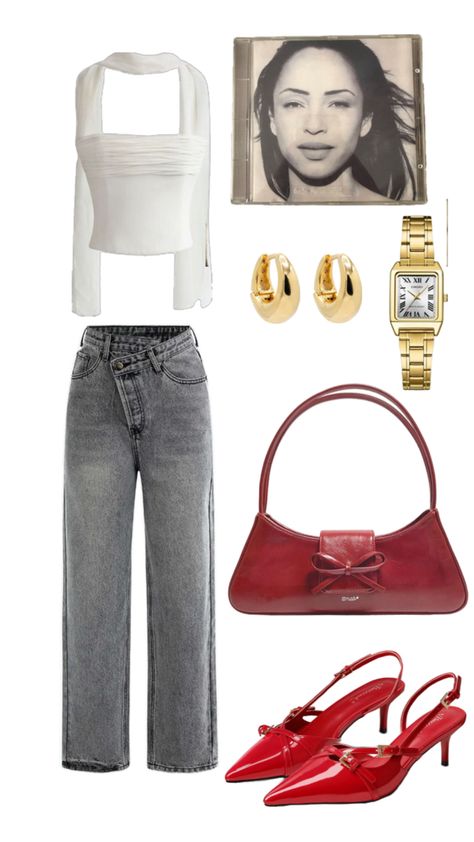 white tube top scarf, asymmetrical grey jeans, red kitten heels, red purse, chunky gold earrings, gold cartier watch, sade, sade aesthetic, outfit aesthetic, parisian chic Chunky Heel Outfit, Gold Cartier Watch, Red Purse Outfit, Red Heels Outfit, Red Top Outfit, Sade Aesthetic, Kitten Heels Outfit, Casual Fall Winter Outfits, Casual Heels Outfit