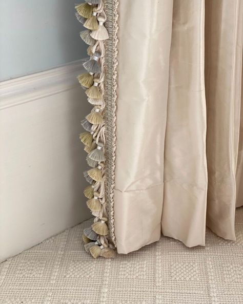 Modern Curtain Design, Cream Drapes, Silk Drapes, Drapery Designs, Dining Room Curtains, Samuel And Sons, Pleated Drapes, Silk Curtains, Custom Drapes