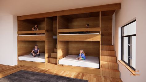 FURNITURE｜Canevaro - Eco-Friendly Double Bunk Bed - Queen Upper  / Queen Lower - DIY Build Plans Bunk Bed Queen, Loft Steps, Diy Bunk Beds Plans, Mid Modern House, Double Bunk Bed, Bunk Bed With Stairs, Queen Bunk Bed, Bunk Bed Plan, Bed With Stairs