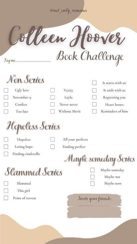 Novel Checklist, Colleen Hoover Books List, Collen Hover, Colleen Hoover Book, Hoover Books, Romance Books Worth Reading, Book Club Reads, Book Reading Journal, Book Bucket