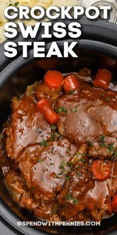 Crockpot Swiss Steak, Steak Crockpot, Swiss Steak Recipes, Swiss Steak, Carrots Celery, Round Steak, Hamburger Steak, Cube Steak, Crockpot Recipes Beef