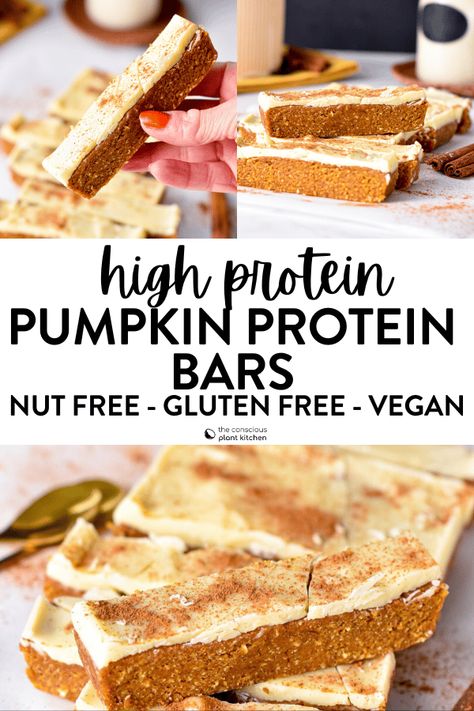 These Pumpkin protein bars are healthy homemade protein bars flavored with pumpkin puree and pumpkin pie spices. Plus, these fall protein bars are also vegan, dairy-free and gluten-free packed with 8 g plant-based proteins. Healthy Homemade Protein Bars, Dairy Free Protein Bars, Homemade Protein Bars Healthy, Pumpkin Protein Bars, Conscious Plant Kitchen, Homemade Protein Bars, No Bake Protein Bars, Healthy Protein Bars, Pumpkin Protein