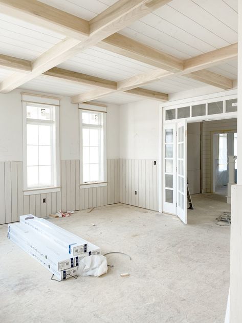 Whitewashed Wood Ceiling With Beams, Beams In Living Room And Kitchen, Shiplap Beam Ceiling, Shiplap Ceiling With Wood Beams, White Shiplap Ceiling With Beams, Shiplap Ceiling Kitchen, Shiplap On Ceiling, Shiplap Ceiling With Beams, White Ceiling Beams