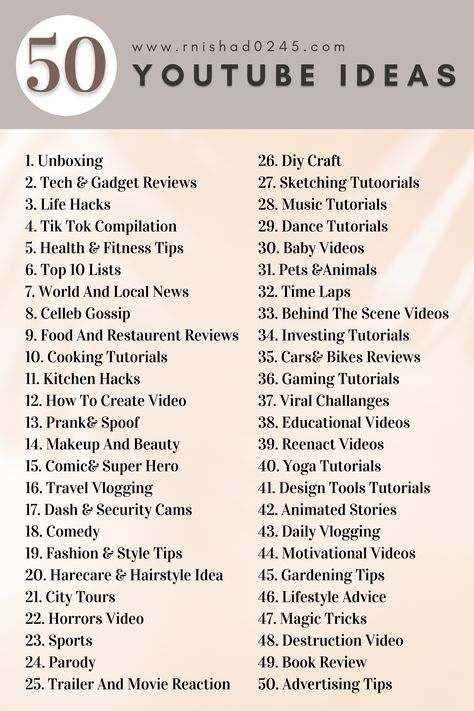 Get inspired with 50 YouTube ideas! If you're looking to start your own channel or just want to find some creative content, this list has got you covered. From vlogs to tutorials, comedy to gaming, there's a YouTube idea for everyone. Whether you're an aspiring filmmaker, a beauty guru, or just looking for some fun, this list will give you the inspiration you need. Start creating today and become a part of the online community! Fun Vlog Ideas, Youtube Video Ideas Gaming, How To Start A Gaming Youtube Channel, How To Start A Cooking Youtube Channel, Youtube Reaction Channel Ideas, Challenges For Youtube, Fun Youtube Challenges Ideas, Creative Ideas For Youtube Channel, Youtube Beauty Channel Ideas