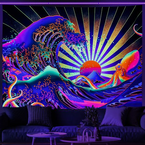 PRICES MAY VARY. UV/Black Light Reactive: The blacklight ocean wave tapestry glow brightly under black light or UV light, colorful burning sun, octopus and great wave pattern present a wonderful picture, will be a good decor for your home. Soft Material: This Japanese sunset tapestry is made of premium polyester fiber which is soft, durable and anti-wrinkle, can be hung with decorative tacks or push pins. Standard Size: Available in three sizes. 1#: H51.2”X W59.1”(130cm*150cm), 2#: H59.1”X W78.7