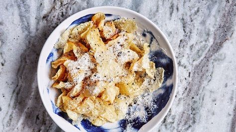 Cacio e Pepe Chips Recipe | Bon Appetit Spiced Popcorn, Potato Chip Recipes, Christmas Appetizer, Movie Night Snacks, Spiced Pecans, Thanksgiving Appetizers, Chips Recipe, How To Cook Potatoes, Night Snacks